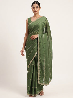 Green Soft Satin Chiffon Saree Adorned with Intricate Sequins Detailing - Image 1