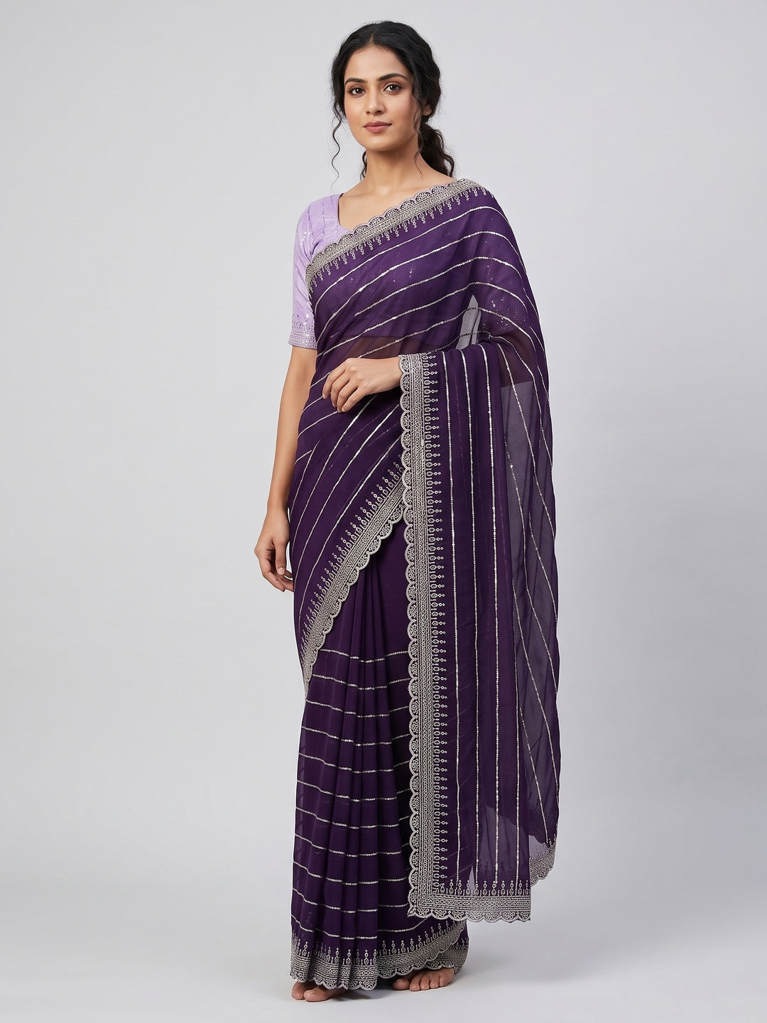 Purple Sequins Embroidered Chiffon Saree - Image 2