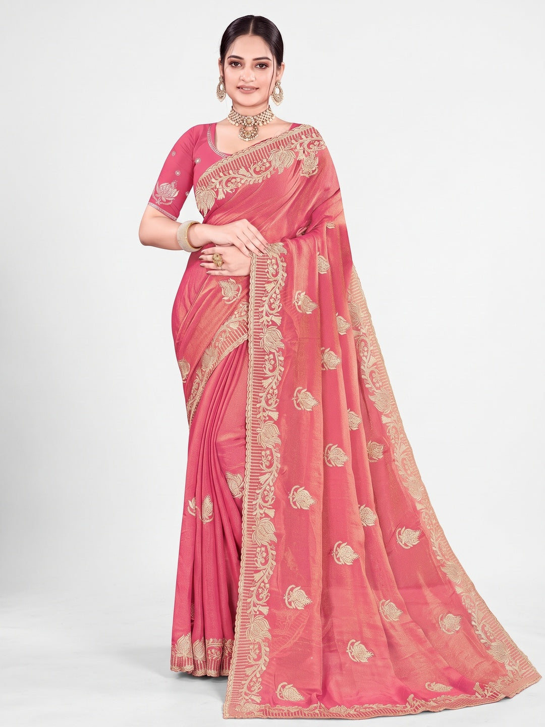 Exclusive Gajari Pink Floral Zari Embroidered Organza Satin Silk Saree With Diamond Detailing - Image 1