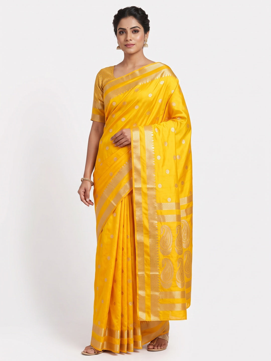 Yellow Ornate Floral Zari Weaving Work Silk Blend Saree With Festive Shine - Image 1