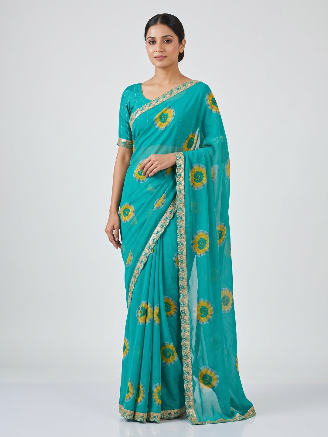 Cyan Green Bandhani Printed Georgette Saree With Sequins Border - Image 1
