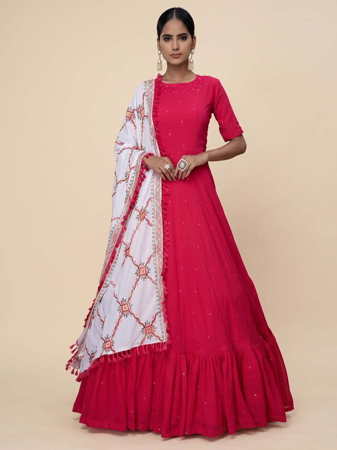 Alluring Rani Pink Colored Partywear Embroidered Georgette Anarkali Suit - Image 1