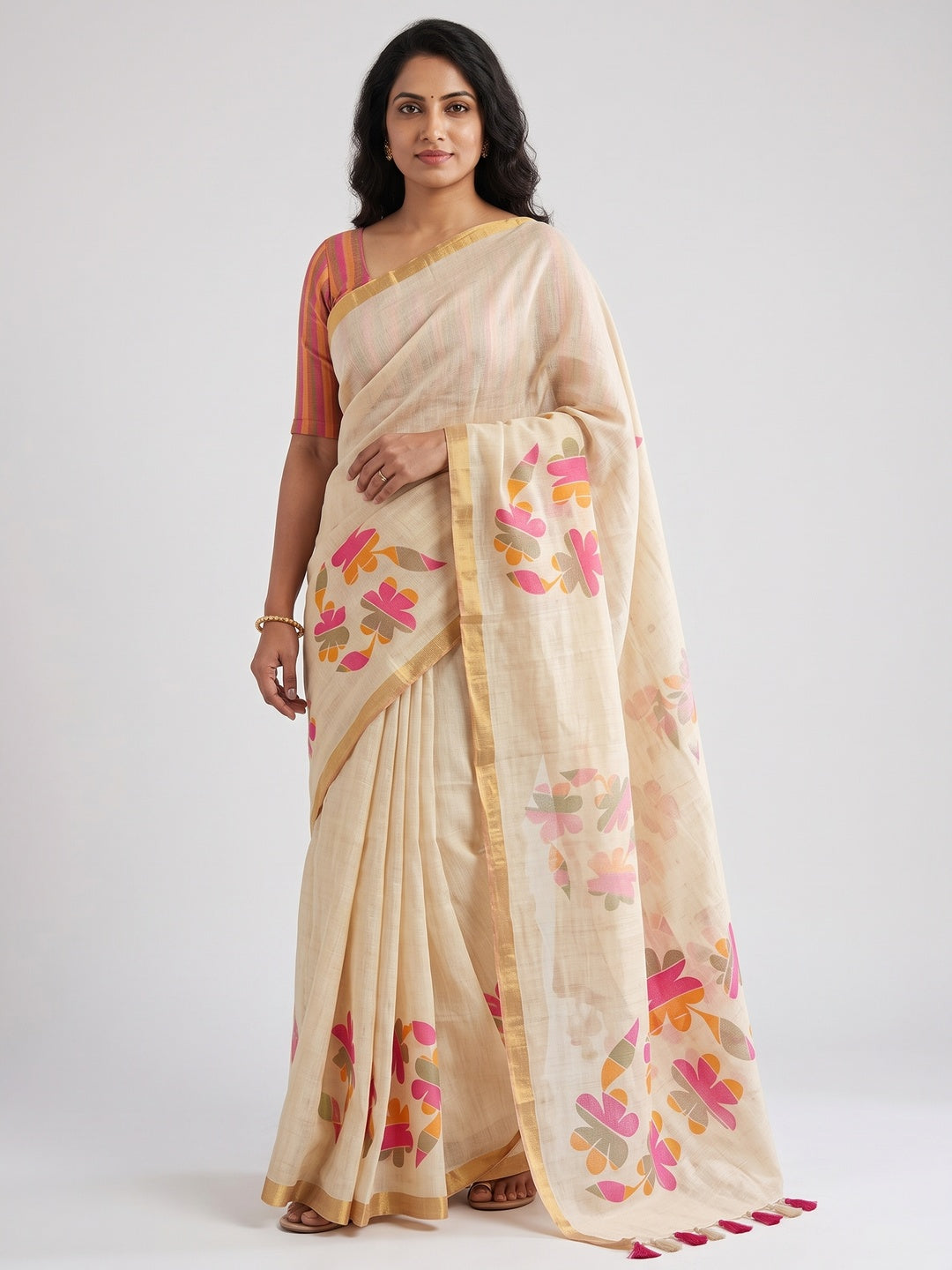 Stylish Cream Linen Saree with Beautiful Floral Print & Rich Golden Border - Image 1