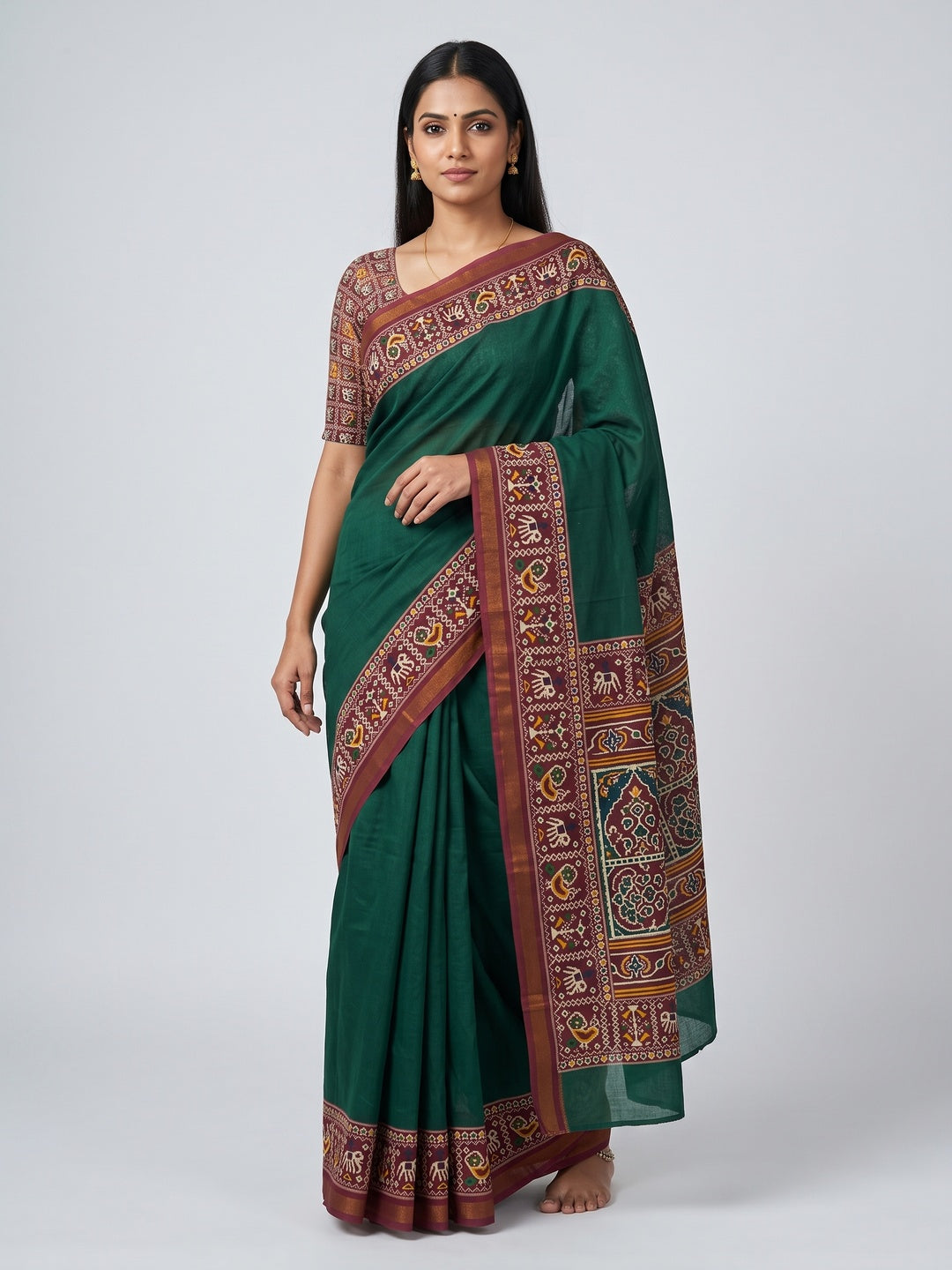 Elegant Green Mulmul Cotton Saree with Traditional Printed Border - Image 7