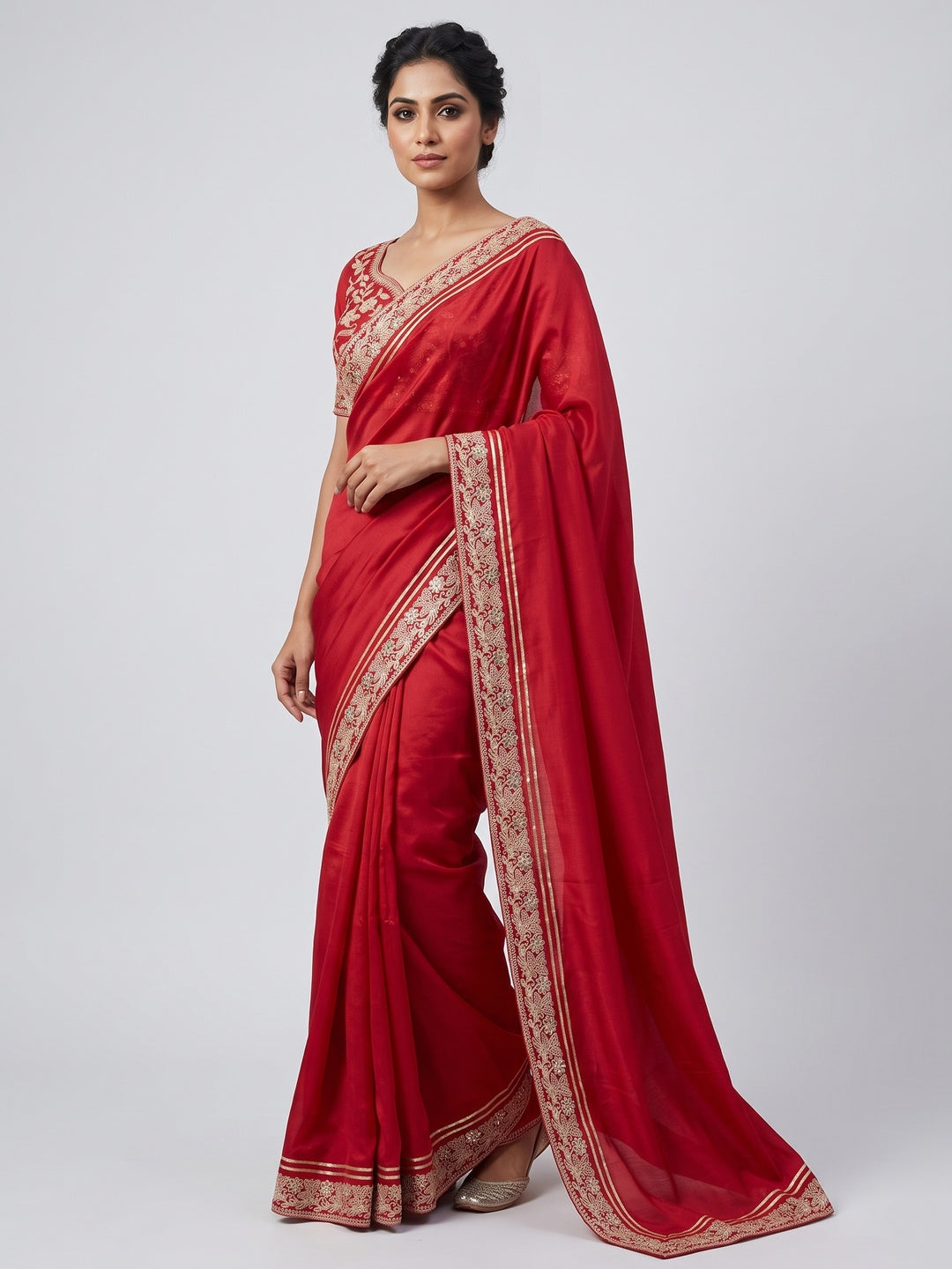 Red Partywear Silk Blend Saree Featuring Rich Silver Thread and Sequins Work - Image 1