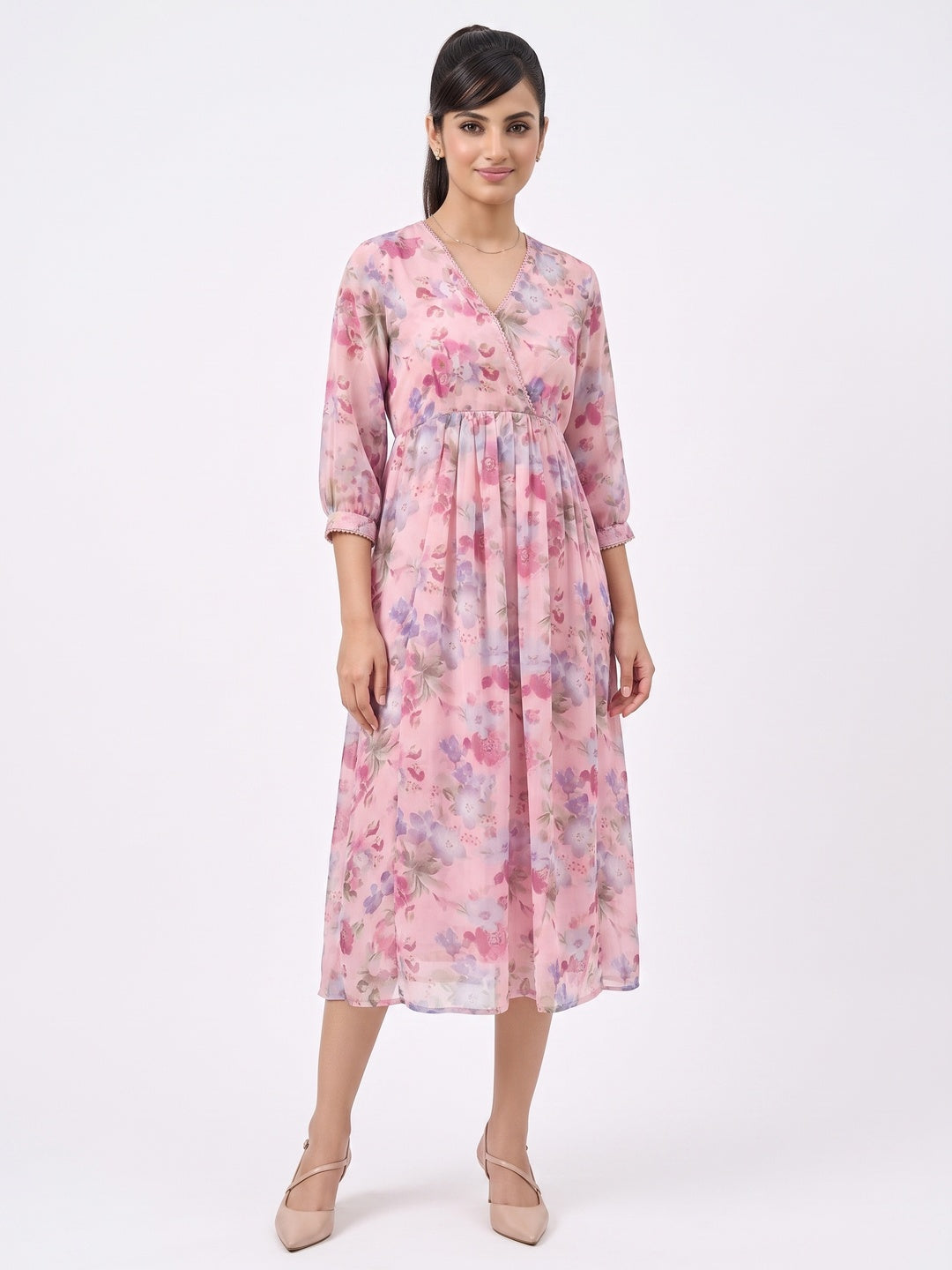 Rich Pink Floral Printed Chiffon Maxi Dress Feminine Elegant Appeal - Image 9