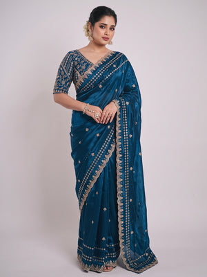 Luxurious Blue Floral Zari Embroidered Satin Saree Accented With Fine Sequins Work - Image 1