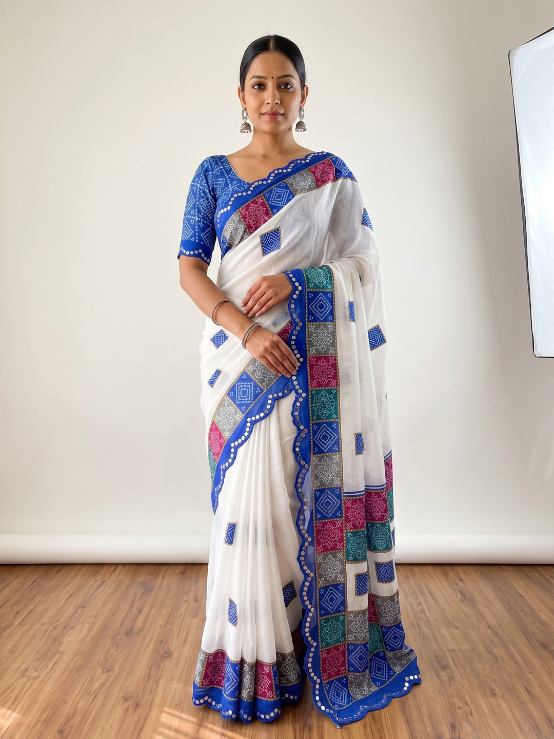 Elegant White & Blue Vichitra Silk Bandhani Saree with Mirror Work - Image 1
