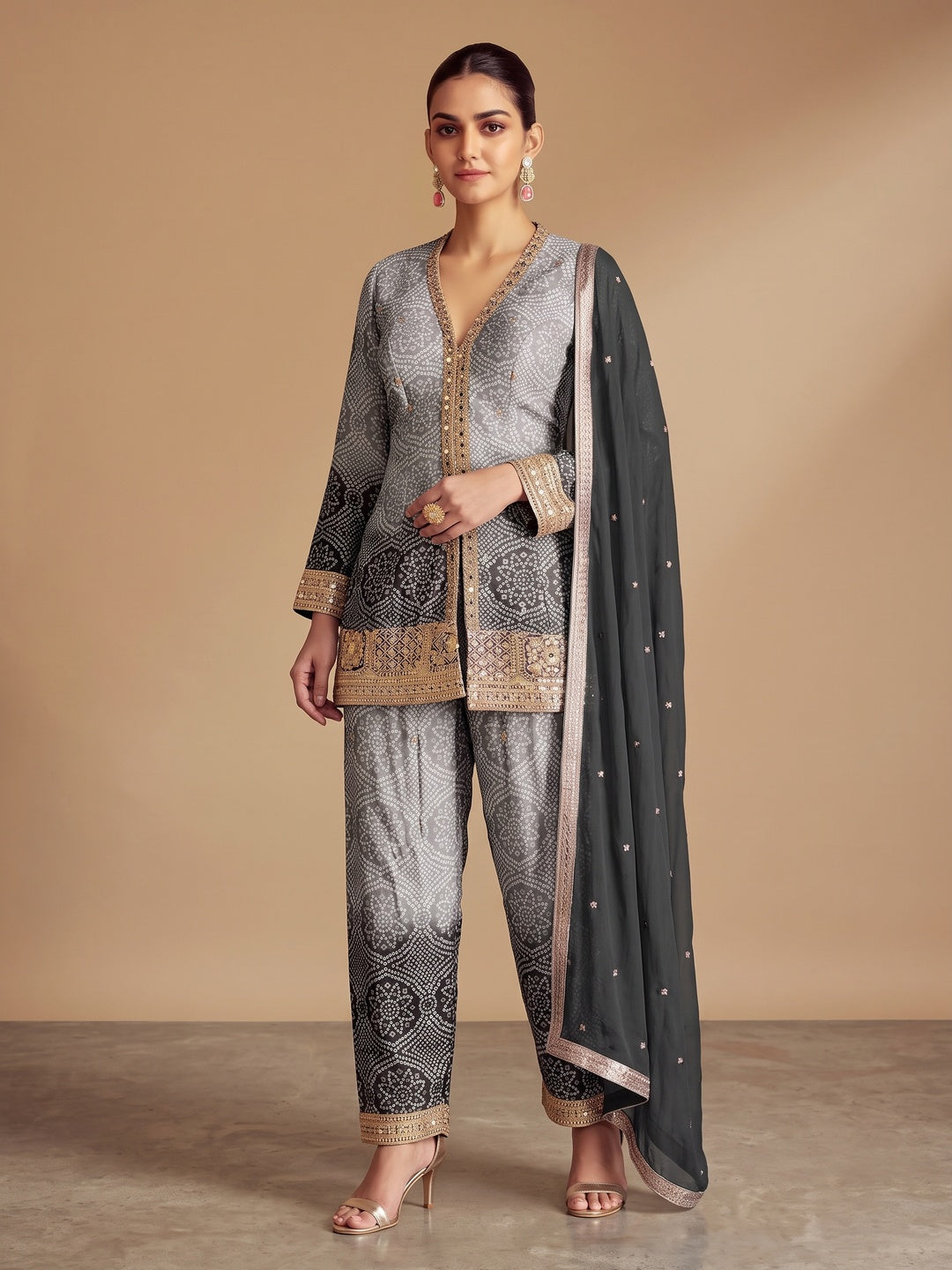 Grey & Black Bandhani Print With Sequins Embroidered Chinon Palazzo Suit - Image 1