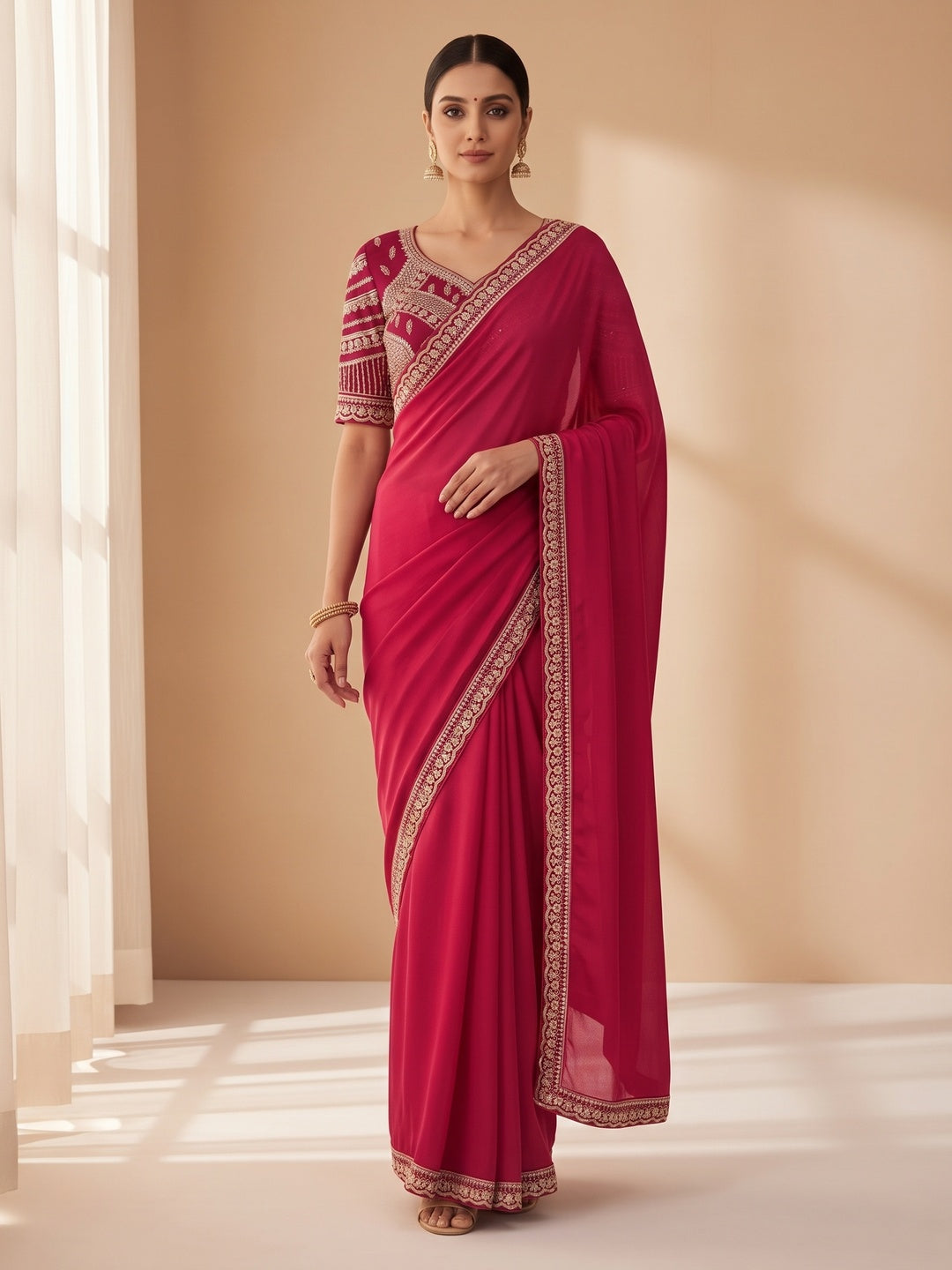 Ethnic Pink Satin Saree with Elegant Embroidered Blouse - Image 1