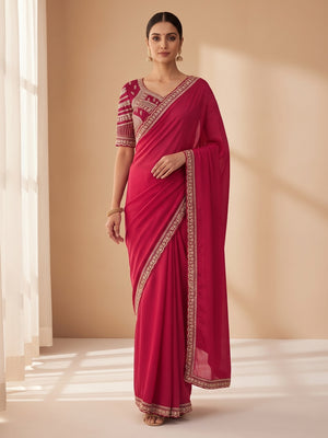 Ethnic Pink Satin Saree with Elegant Embroidered Blouse - Image 1