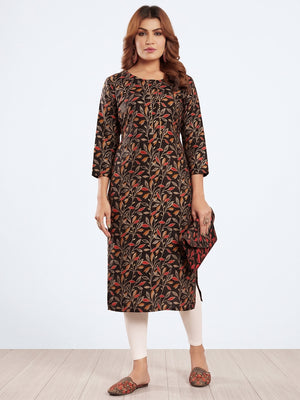 Black Floral Foil Printed Muslin Viscose Kurti - Image 1