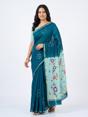 Rama Blue Mulmul Cotton Saree with Floral Print - Image 1