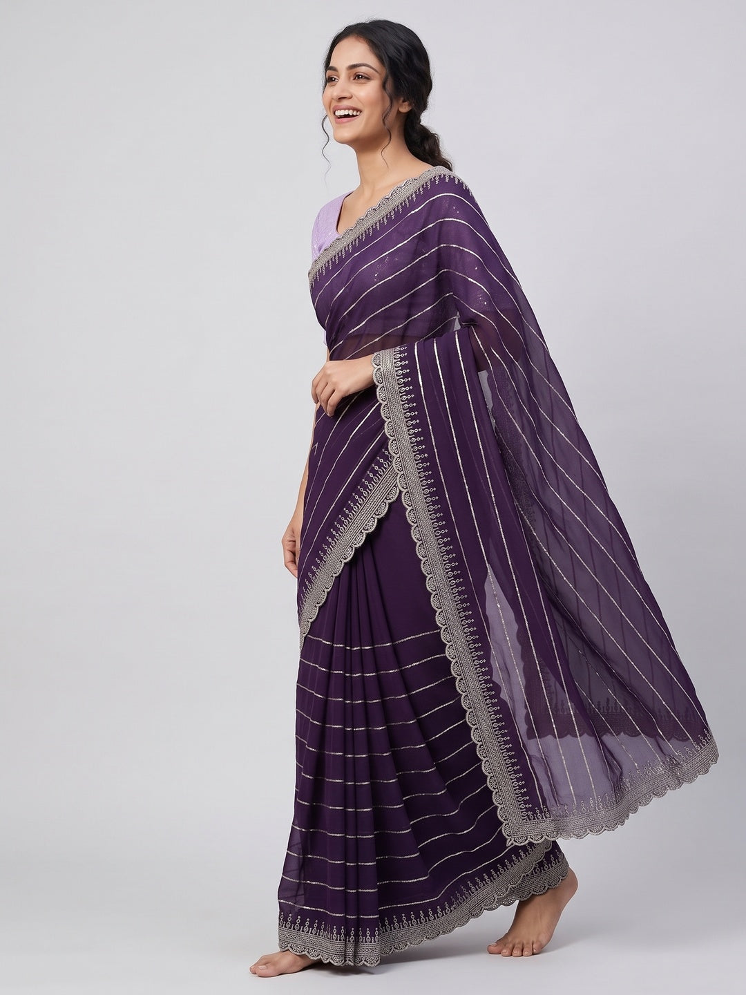 Purple Sequins Embroidered Chiffon Saree - Image 1