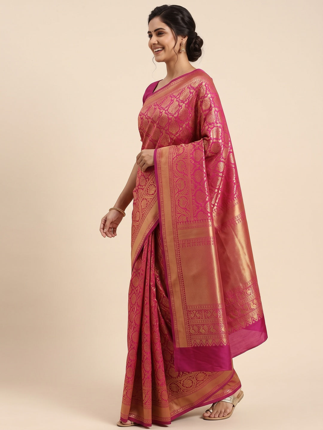 Rani Pink Floral Woven Lichi Banarasi Silk Saree - Image 5