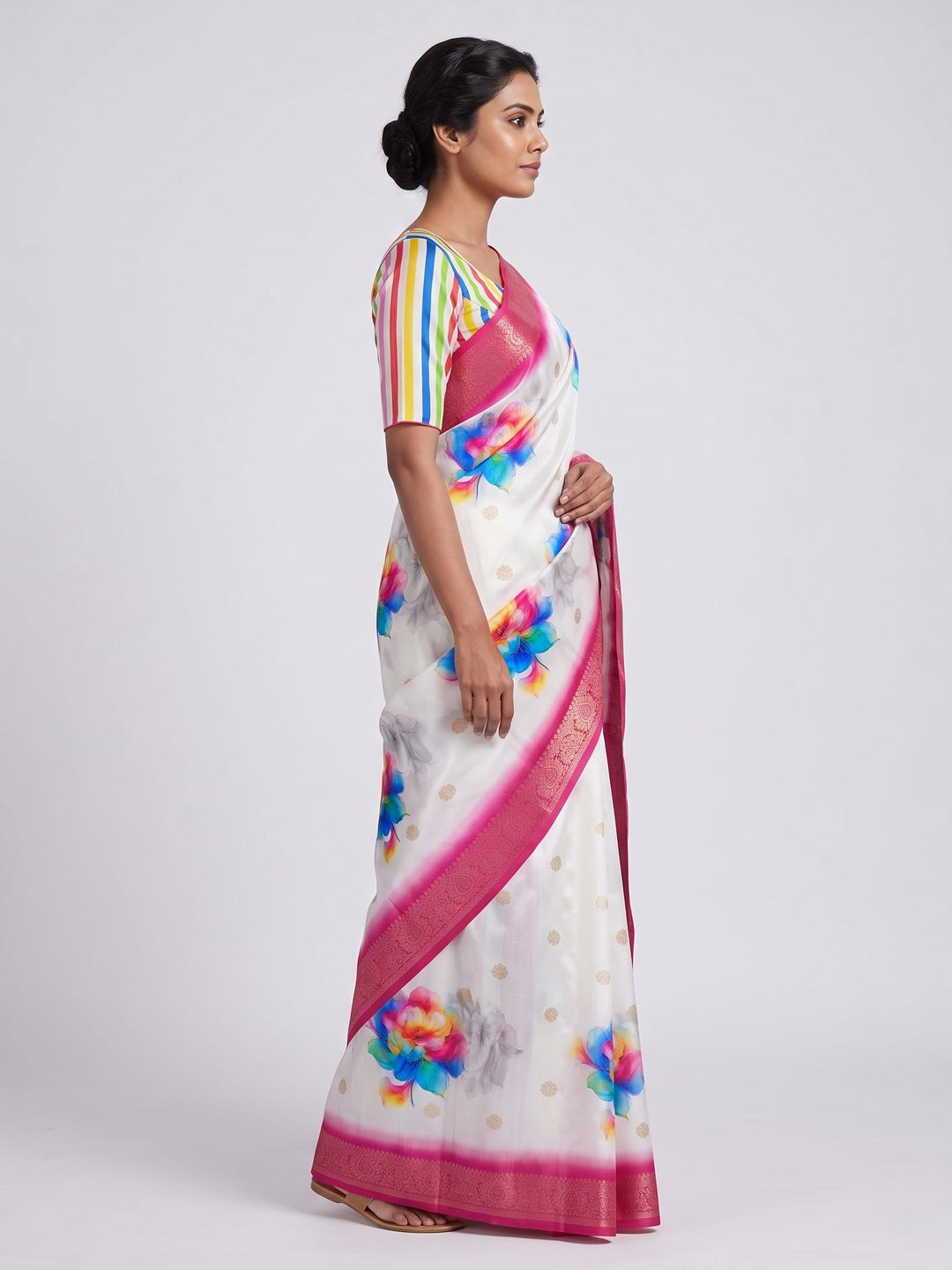 White Floral Digital Printed Dola Silk Saree With Woven Border - Image 3
