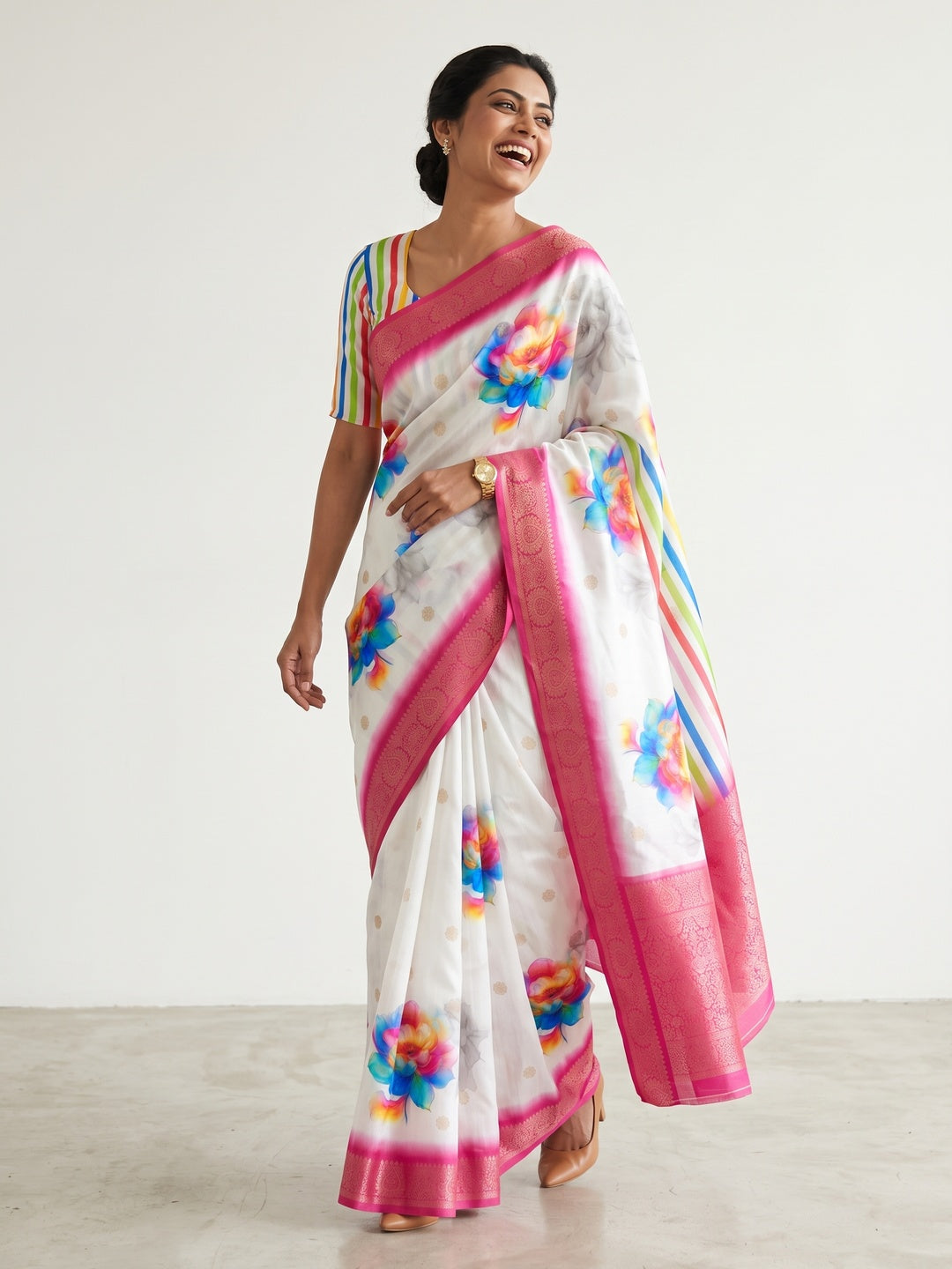 White Floral Digital Printed Dola Silk Saree With Woven Border - Image 4