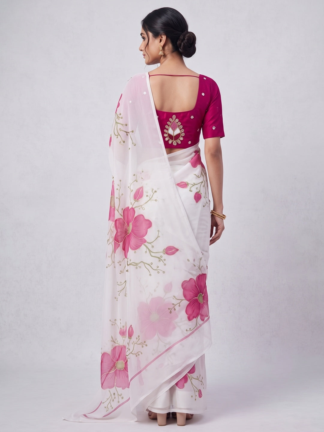 Vibrant White & Pink Floral Foil Printed Organza Saree With Designer Unstitched Blouse - Image 2