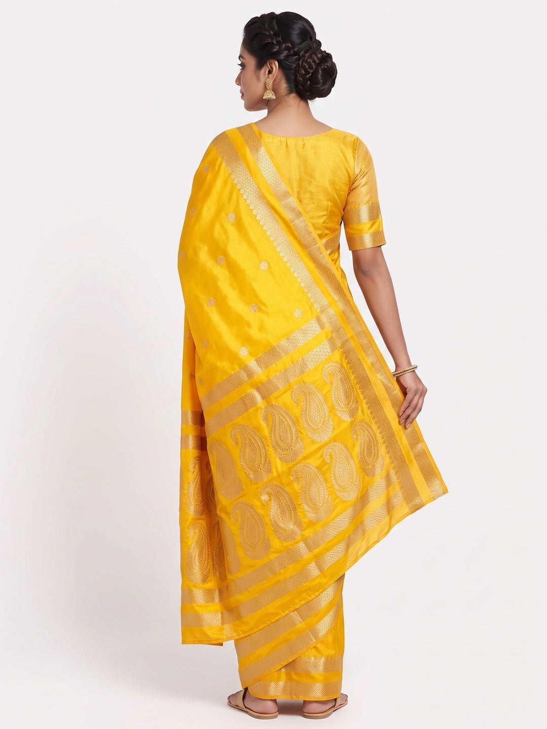 Yellow Ornate Floral Zari Weaving Work Silk Blend Saree With Festive Shine - Image 2