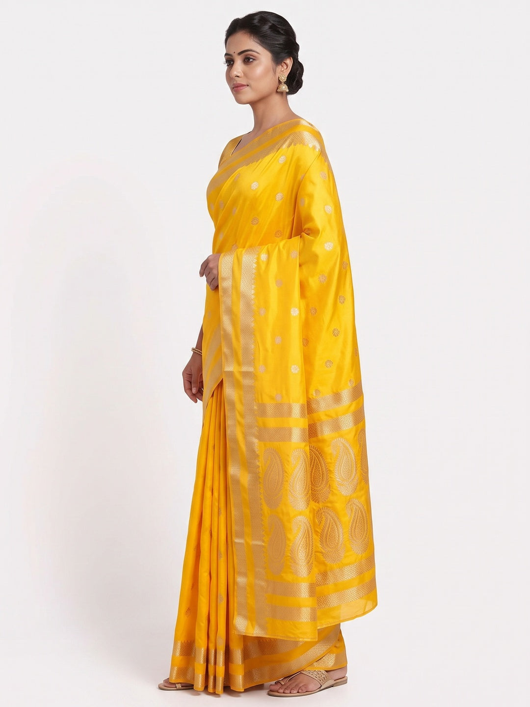 Yellow Ornate Floral Zari Weaving Work Silk Blend Saree With Festive Shine - Image 3