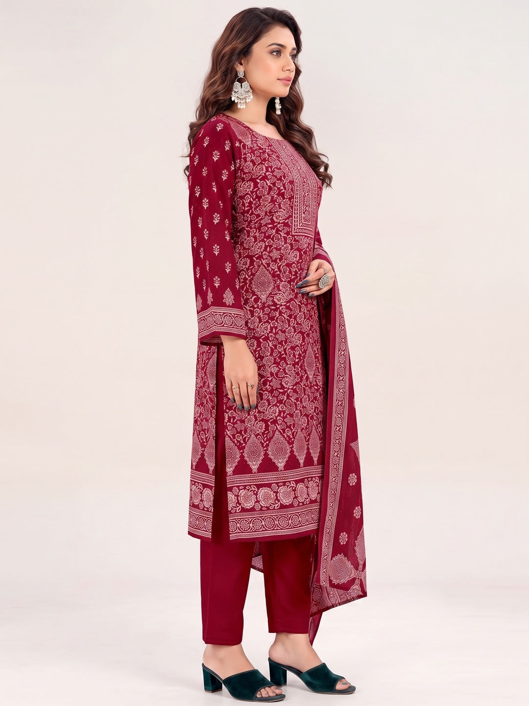 Maroon Floral Printed Pure Pashmina Soft & Warm Dress Material for Winter - Image 3
