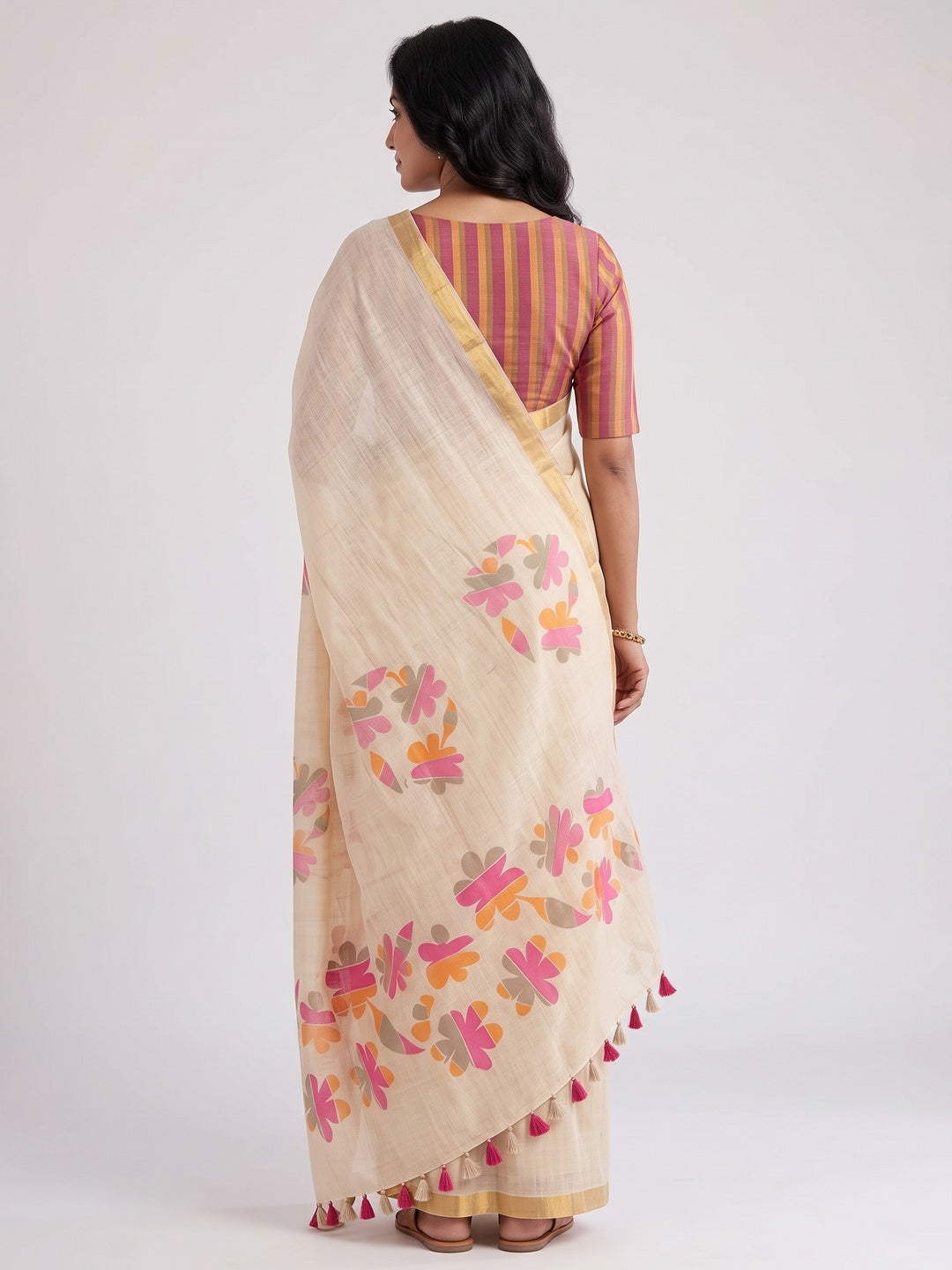 Stylish Cream Linen Saree with Beautiful Floral Print & Rich Golden Border - Image 2