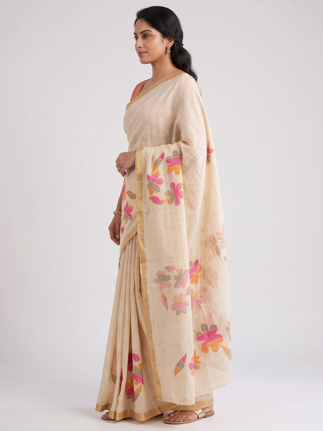 Stylish Cream Linen Saree with Beautiful Floral Print & Rich Golden Border - Image 3