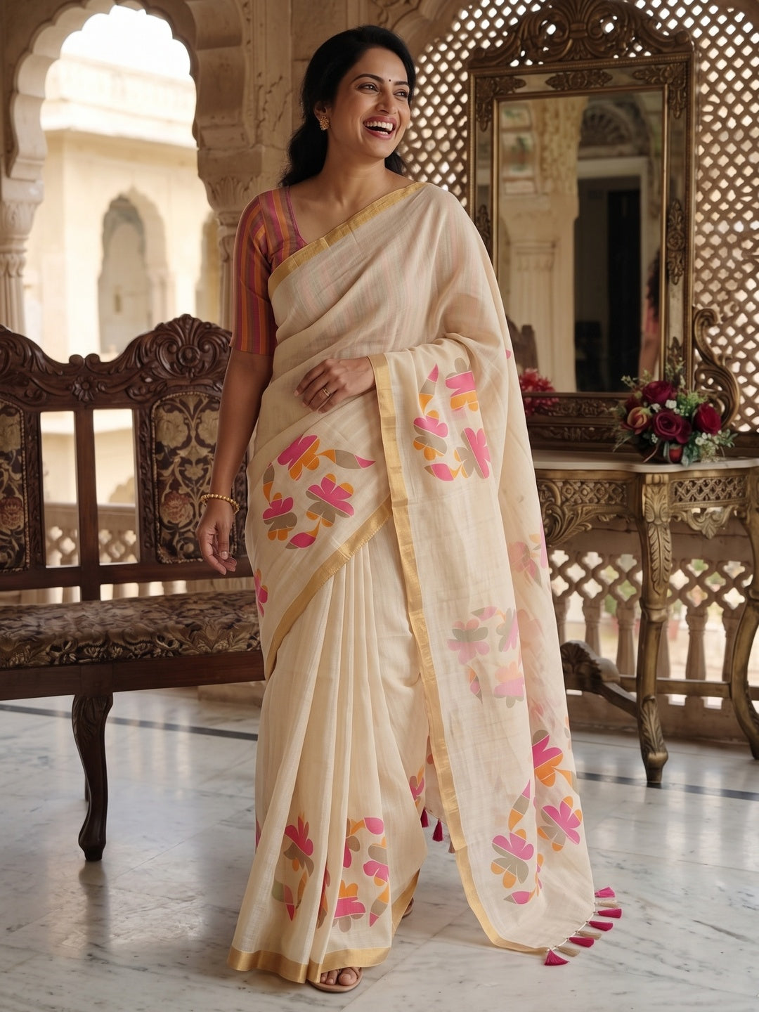 Stylish Cream Linen Saree with Beautiful Floral Print & Rich Golden Border - Image 4