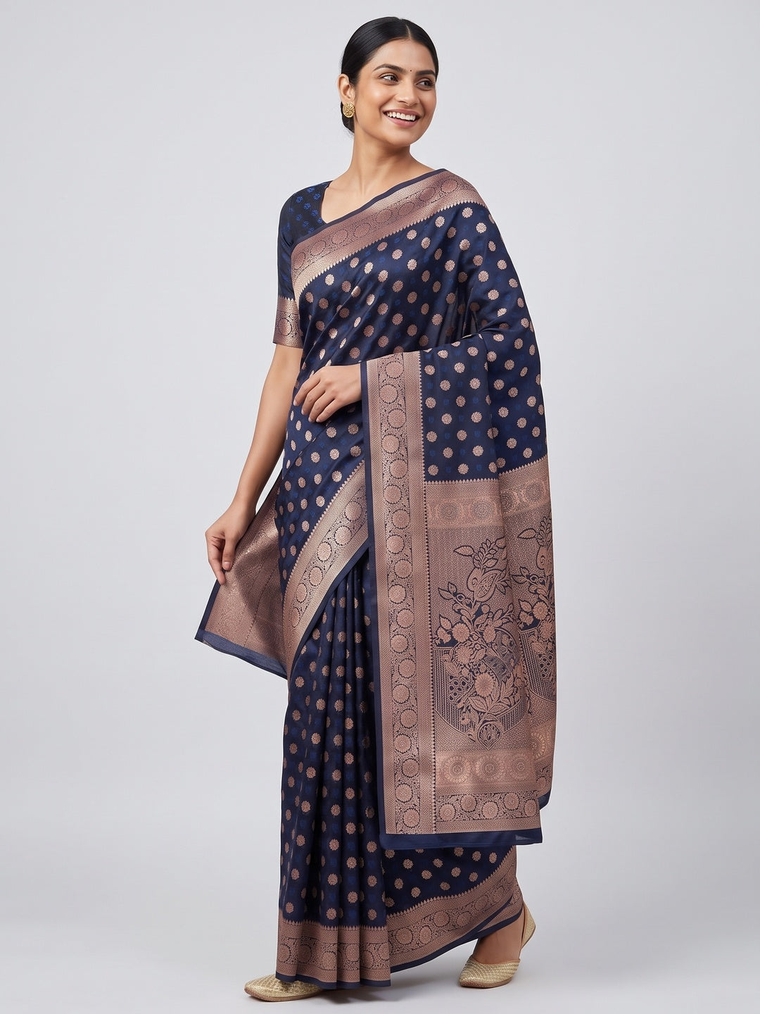 Navy Blue Classic Floral Zari Weaving Satin Silk Saree With Sophisticated Drape - Image 4