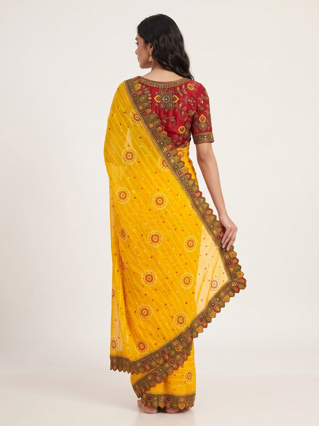 Yellow Bandhani Printed Georgette Saree for Festive Wear with Lace Detailing - Image 2