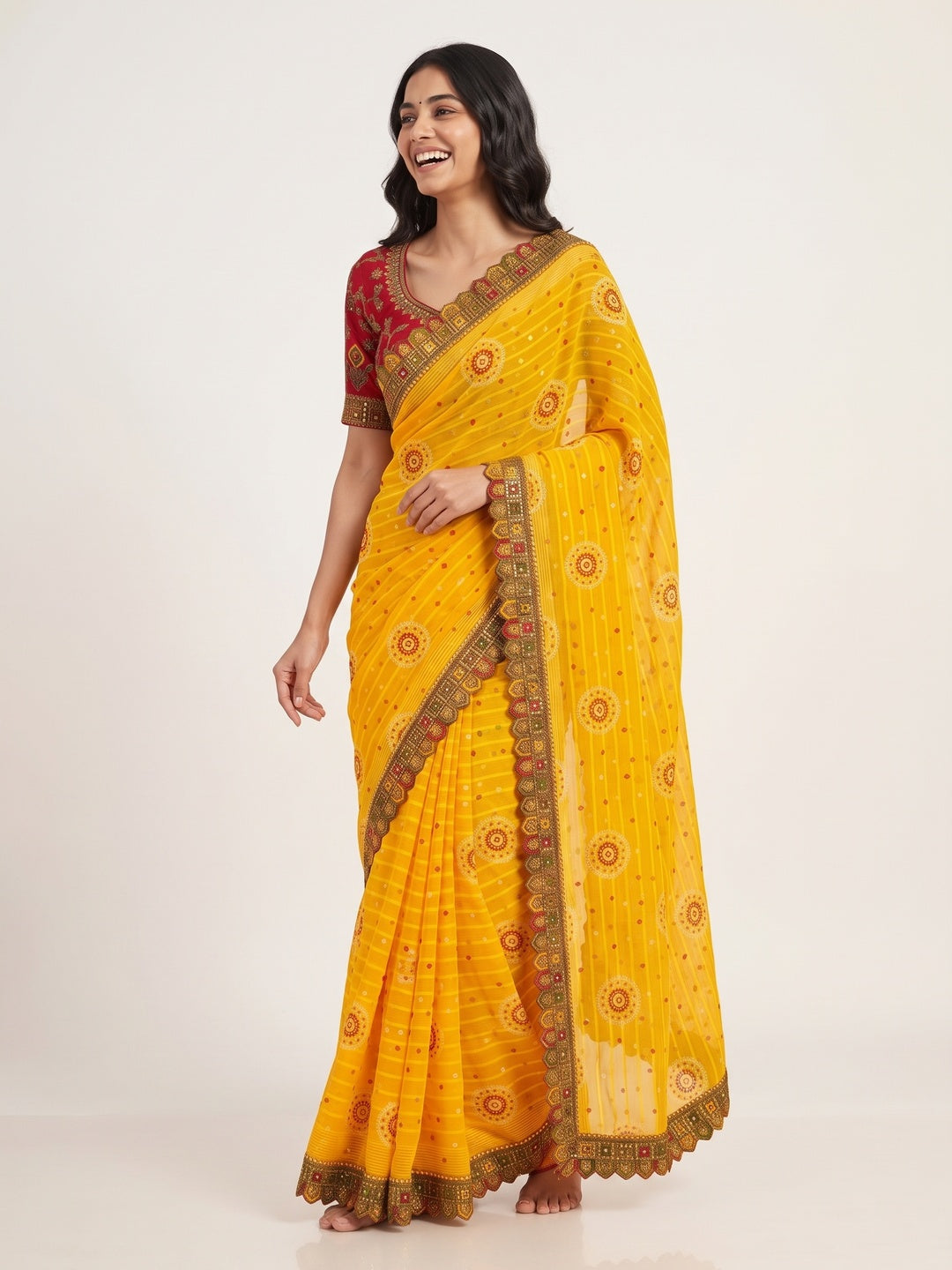 Yellow Bandhani Printed Georgette Saree for Festive Wear with Lace Detailing - Image 4