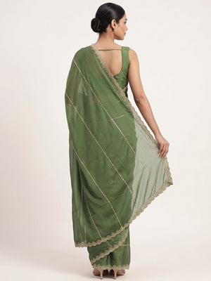 Green Soft Satin Chiffon Saree Adorned with Intricate Sequins Detailing - Image 2