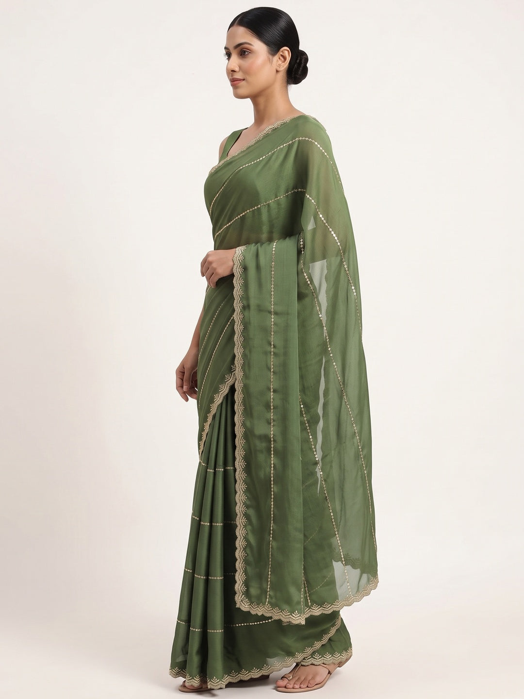 Green Soft Satin Chiffon Saree Adorned with Intricate Sequins Detailing - Image 3