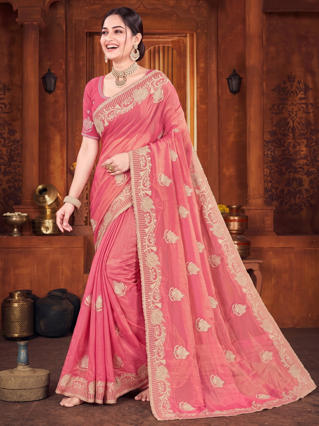Exclusive Gajari Pink Floral Zari Embroidered Organza Satin Silk Saree With Diamond Detailing - Image 4