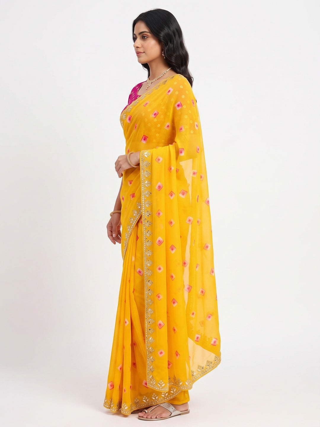 Yellow Bandhani Printed Chiffon Saree With Sequins Embroidered Border - Image 3