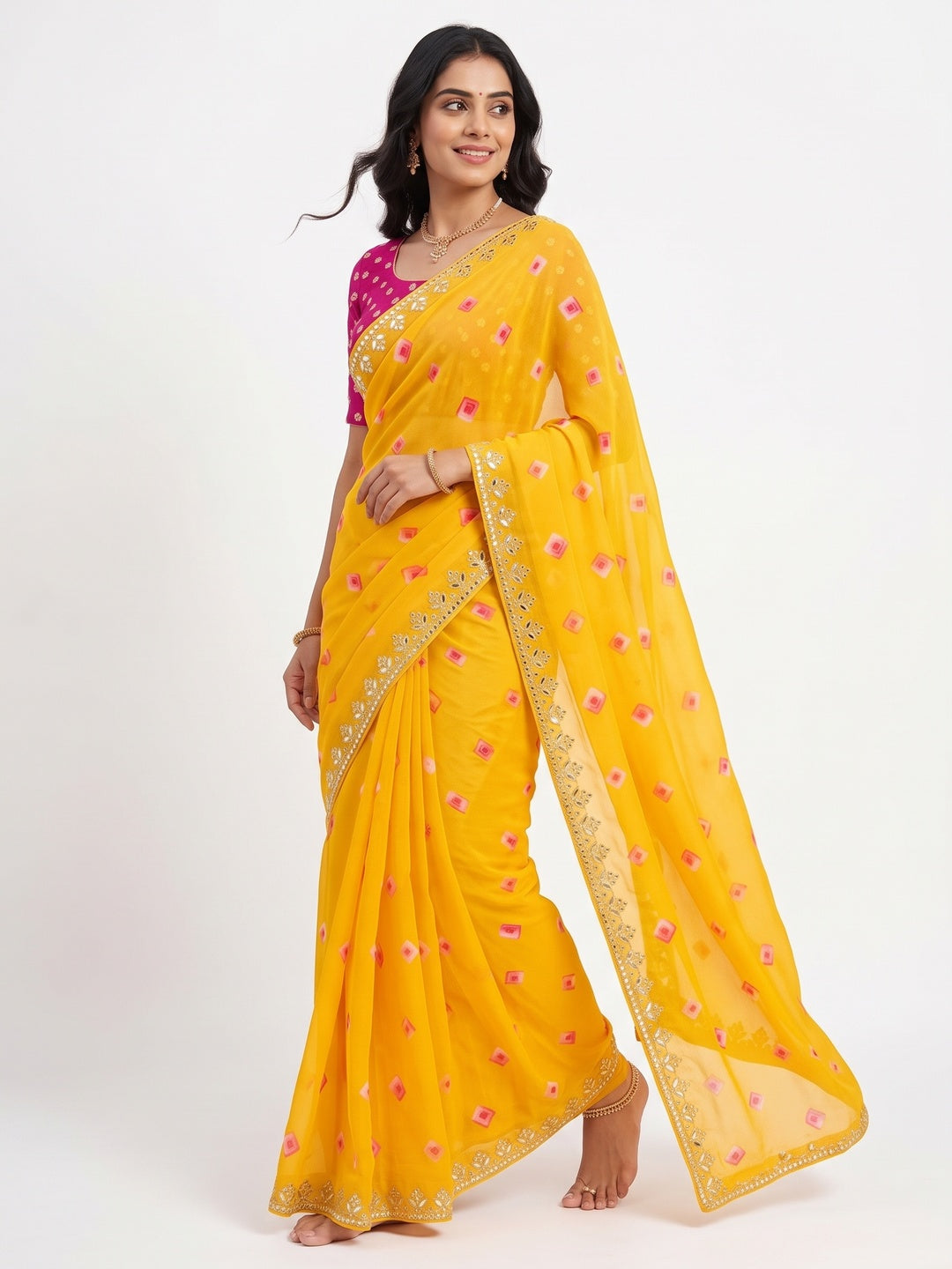 Yellow Bandhani Printed Chiffon Saree With Sequins Embroidered Border - Image 4