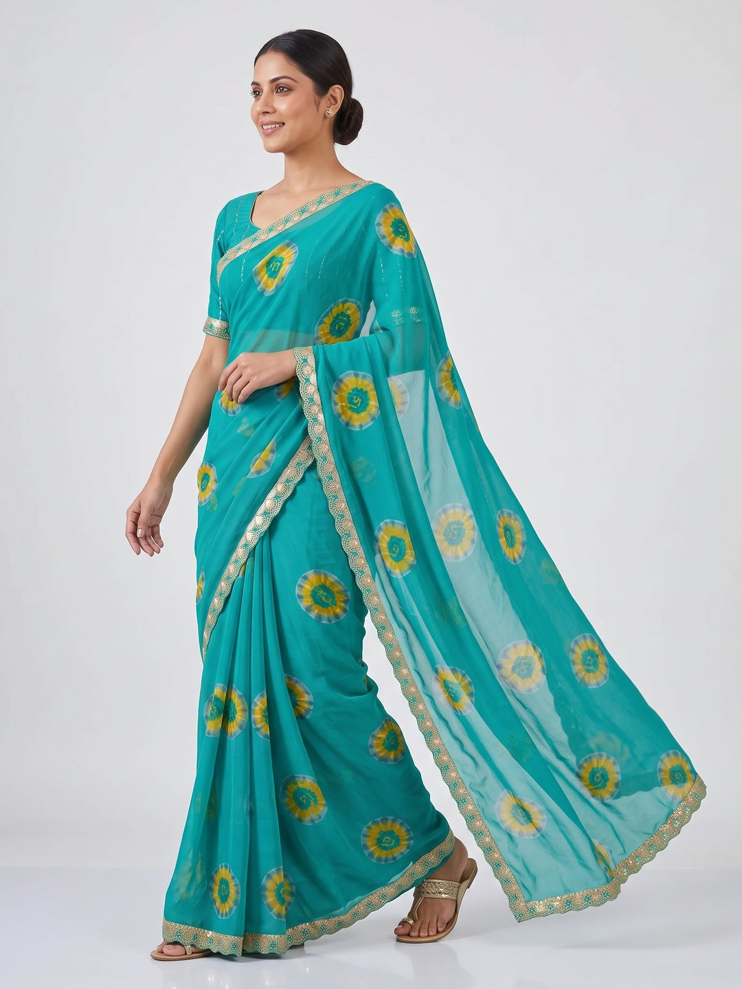 Cyan Green Bandhani Printed Georgette Saree With Sequins Border - Image 4