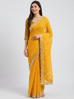 Mustard Striped Printed Chiffon Saree With Sequins Embroidered Border - Image 5