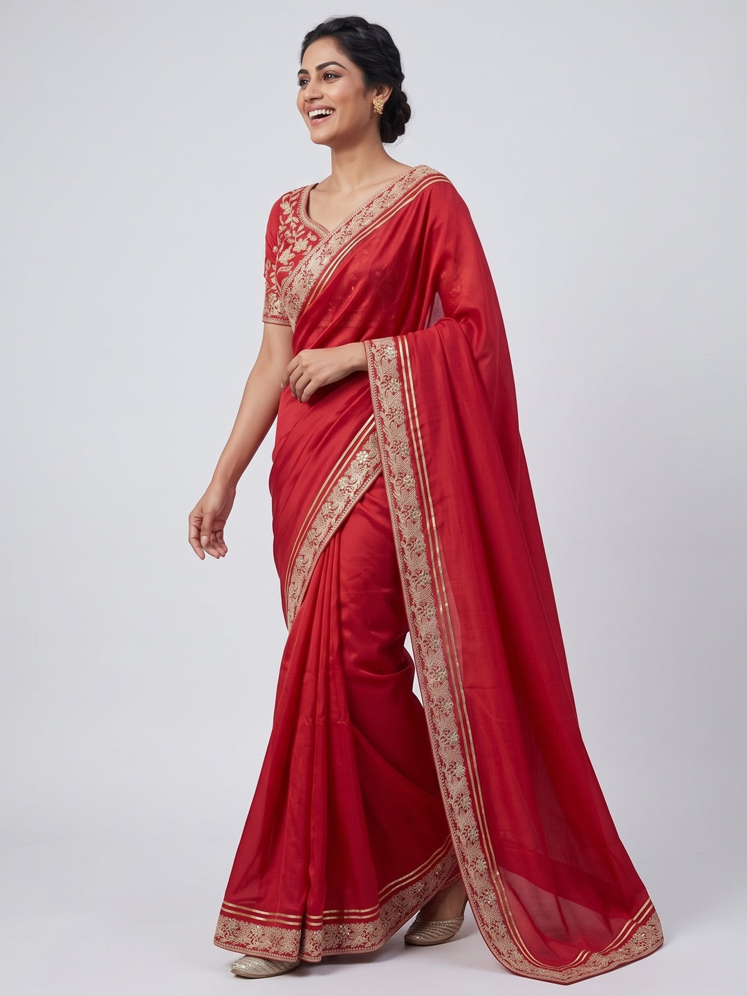 Red Partywear Silk Blend Saree Featuring Rich Silver Thread and Sequins Work - Image 4