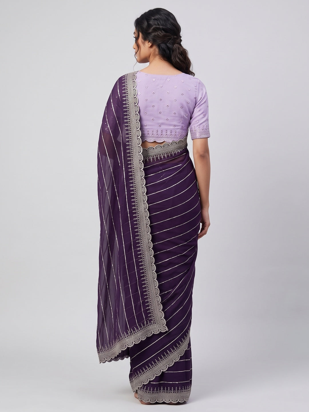 Purple Sequins Embroidered Chiffon Saree - Image 6