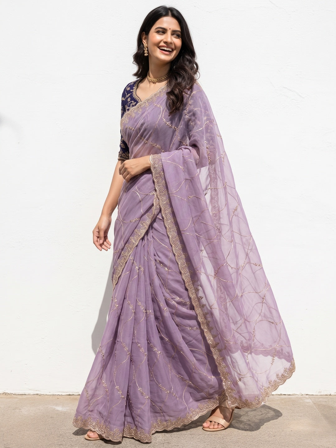 Sophisticated Lavender Georgette Saree Showcasing Sequins & Golden Thread Embroidery - Image 4