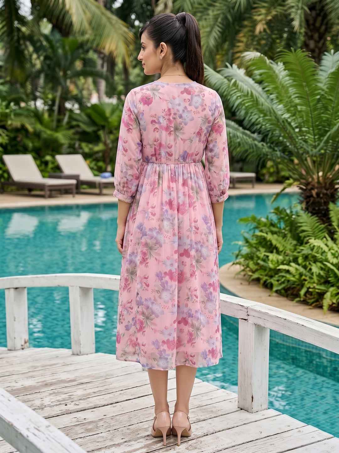 Rich Pink Floral Printed Chiffon Maxi Dress Feminine Elegant Appeal - Image 10