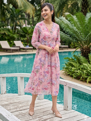 Rich Pink Floral Printed Chiffon Maxi Dress Feminine Elegant Appeal - Image 9