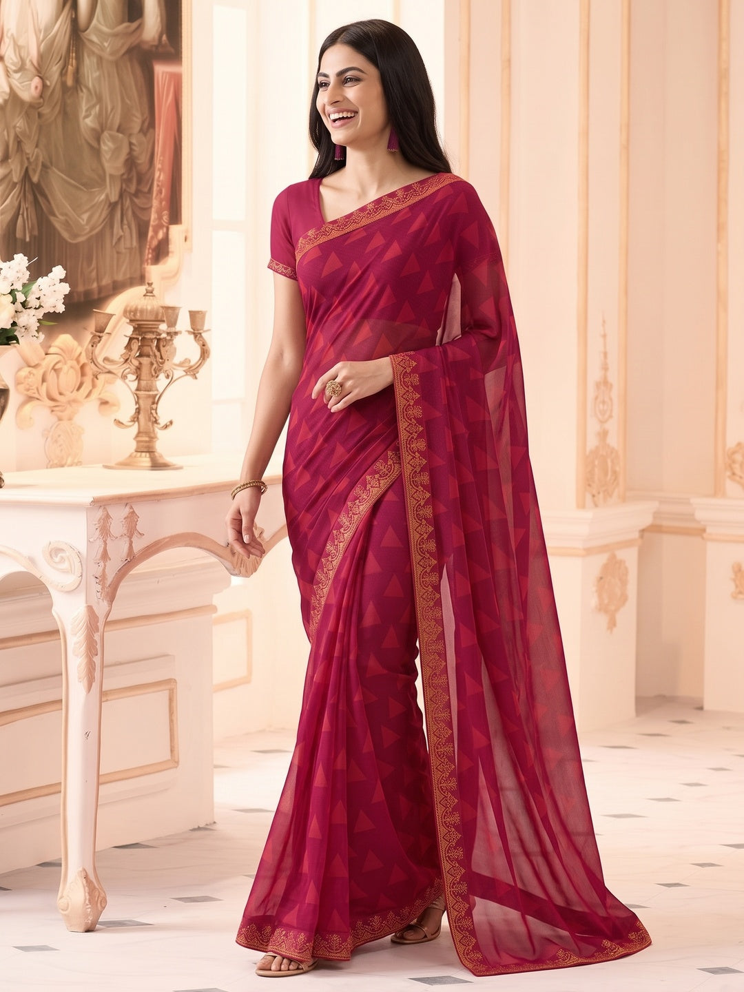 Pink Printed Georgette Saree With Lace Border - Image 5