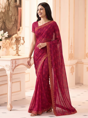Pink Printed Georgette Saree With Lace Border - Image 5