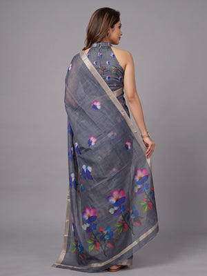 Dark Grey Floral Printed Linen Saree Adorned With Elegant Golden Zari Border Work - Image 2