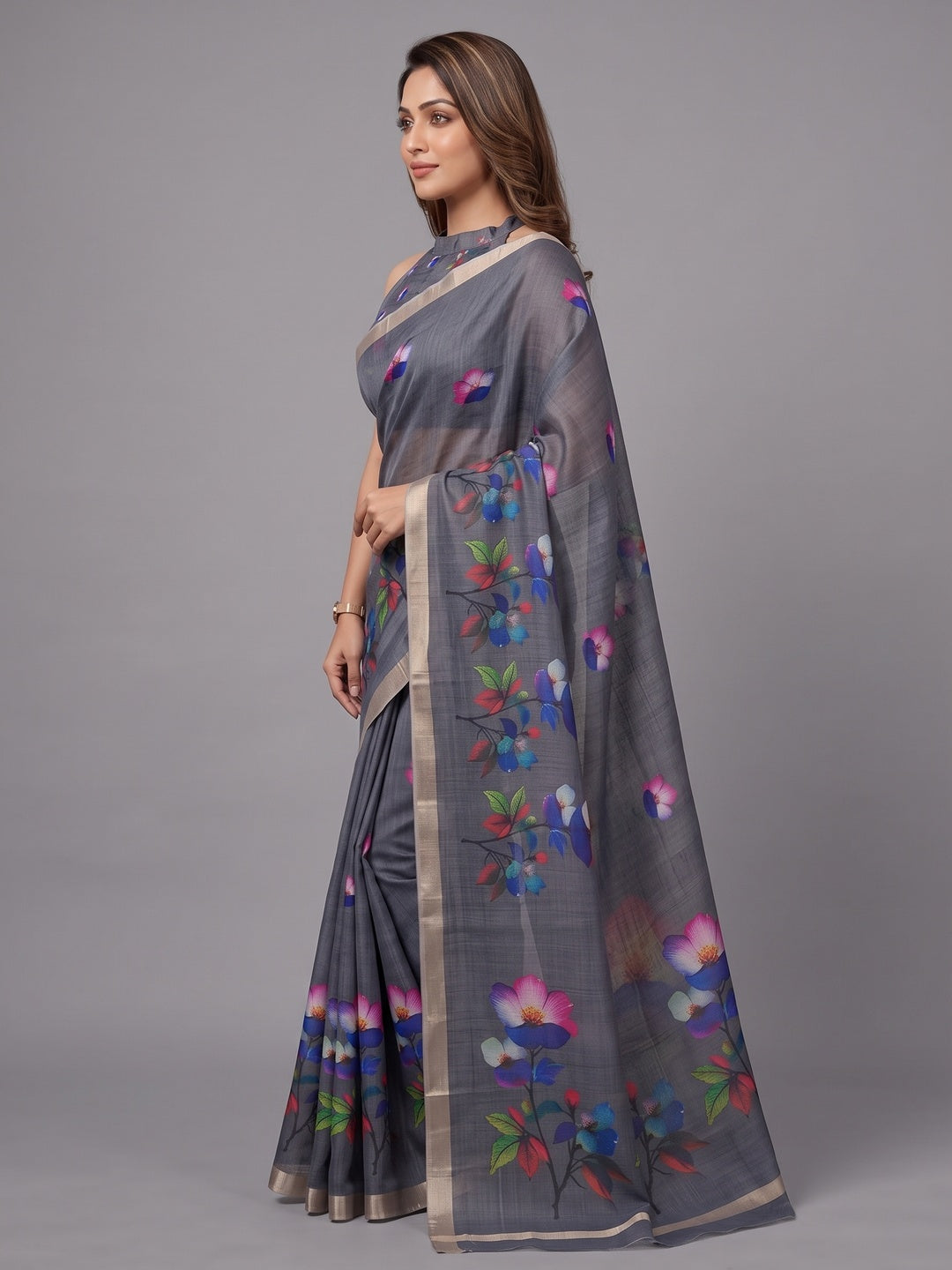 Dark Grey Floral Printed Linen Saree Adorned With Elegant Golden Zari Border Work - Image 3