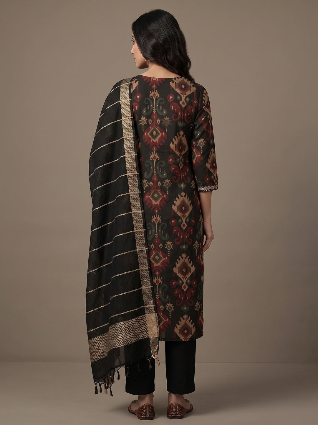 Ethnic Black Viscose Ikkat Print Kurta Salwar Suit with Stylish Dupatta - Image 2