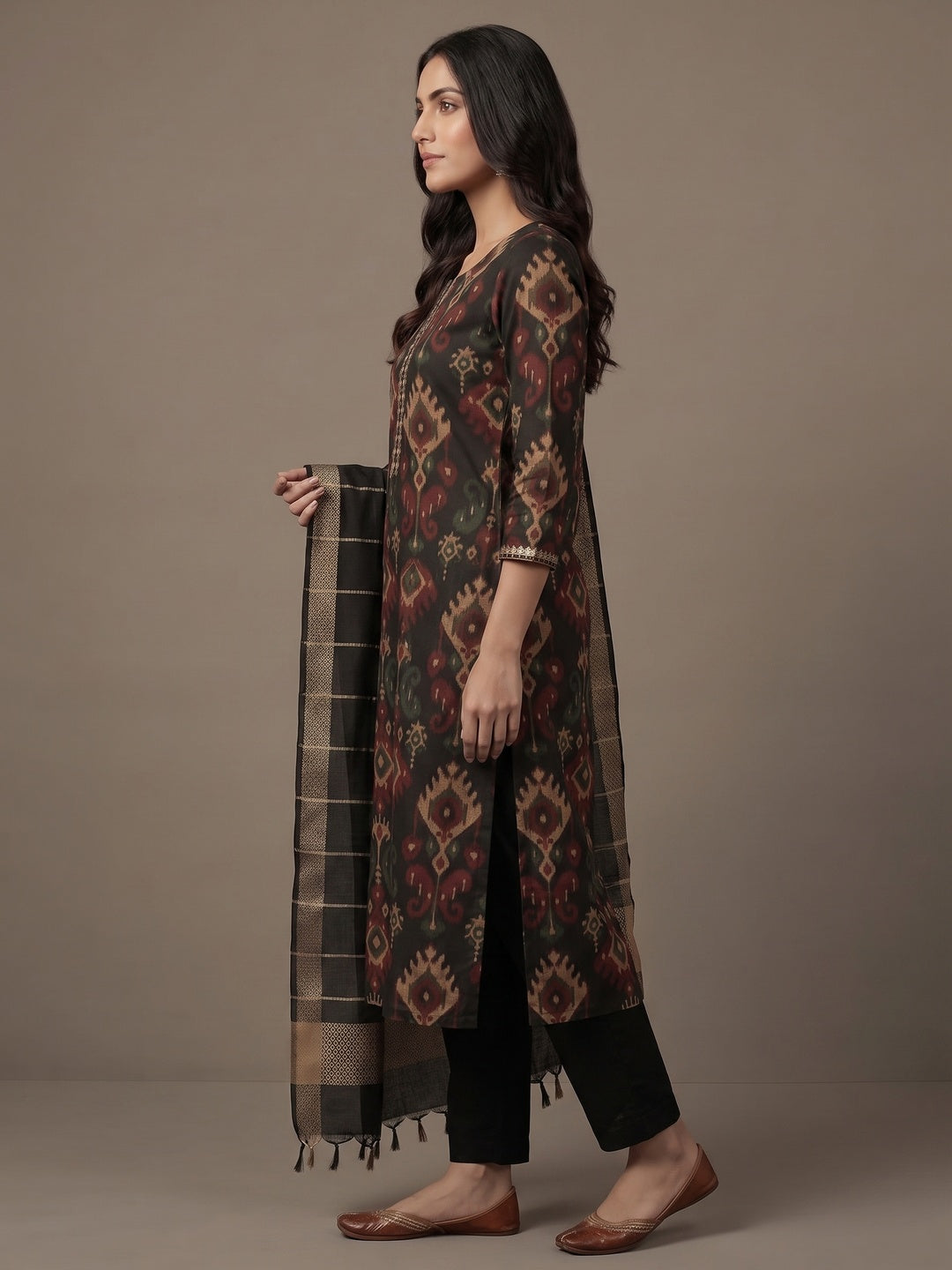 Ethnic Black Viscose Ikkat Print Kurta Salwar Suit with Stylish Dupatta - Image 3