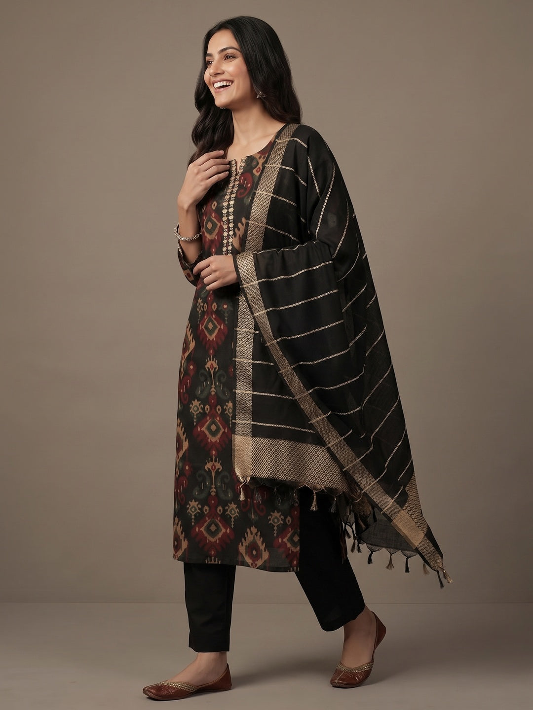 Ethnic Black Viscose Ikkat Print Kurta Salwar Suit with Stylish Dupatta - Image 4